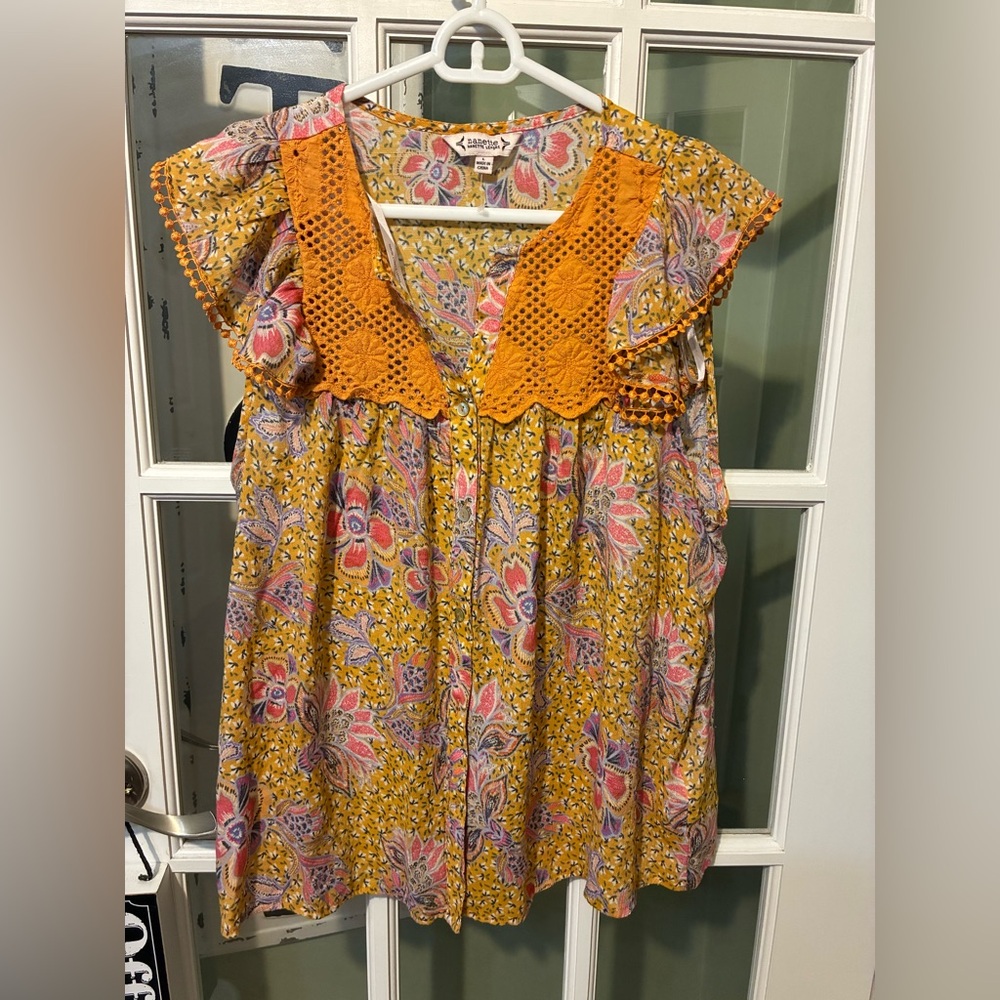 Nanette Lepore Yellow Floral Sleeveless Tunic with Orange Crochet Collar